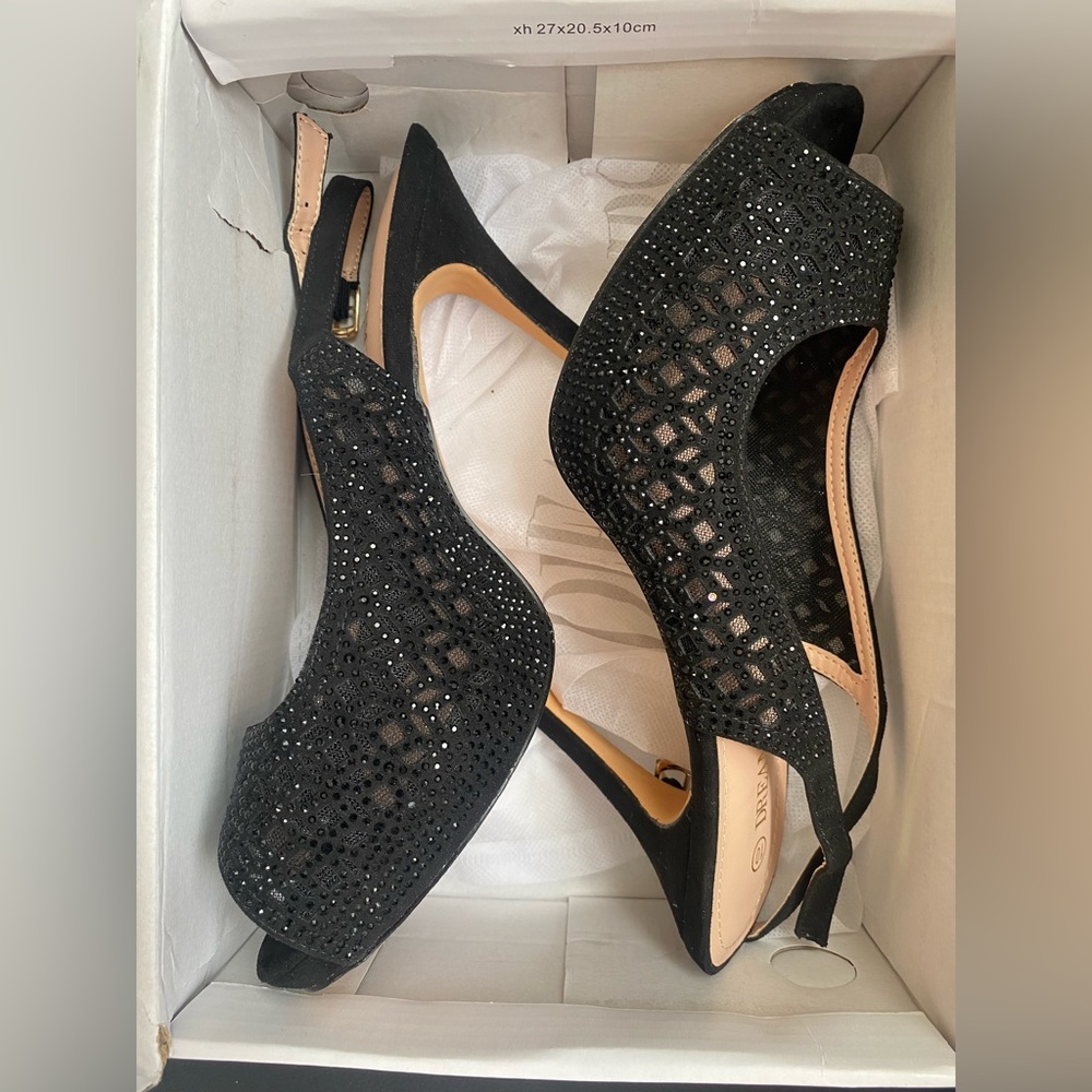 Dream pairs, size 10, black, peep, toe, rhinestone 4” heels